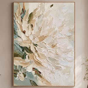May include: A vertical rectangular canvas painting featuring thick, textured impasto brushstrokes in shades of cream, white, beige, and muted sage green. The abstract composition depicts layered floral petals with a heavy, raised paint application.