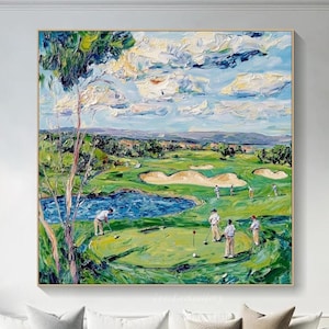 Grande campo da golf, pittura a olio su tela, arte impressionista del golf, regalo di golf per uomo, arte sportiva per soggiorno, arte moderna