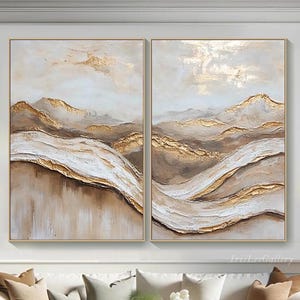 Large Gold Abstract Landscape Painting On Canvas Textured Wall Art Beige and Gold Two-Piece Art Neutral Tones Painting Living Room Decor