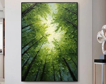 Original Green Forest Painting On Canvas 3D  Abstract Textured Wall Art  Skyward View Trees Art Living Room Art Natural Scenery Painting