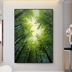 Original Green Forest Painting On Canvas 3D  Abstract Textured Wall Art  Skyward View Trees Art Living Room Art Natural Scenery Painting