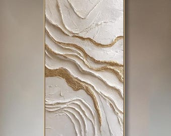 Abstract Oil Painting On Canvas White Gold Textured Wall Art Modern Minimal 3D Relief Canvas Art Large Horizontal Luxury Wall Decor