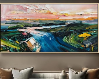 Large Abstract Landscape Oil Painting on Canvas 3D Textured Colorful River Wall Art Vibrant Sunset Living Room Decor Contemporary Art