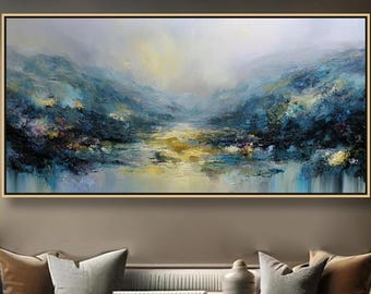 Abstract Mountain Oil Painting on Canvas Landscape Texture Wall Art Modern Blue and Gold Impasto Painting Large Horizontal Palette Knife Art