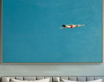 Large Minimalist Swimmer Oil Painting On Canvas Modern Summer Coastal Textured Wall Art 3D Blue Water Wall Art Beach House Decor