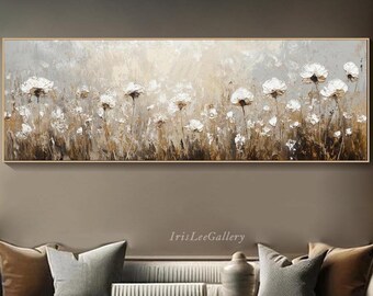 Textured Flower 3D Floral Painting on Canvas Neutral Wall Art Large Canvas Art Modern Living Room Decor Art Hand-Painted White Blossom Art