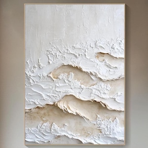 3D Neutral Tone Textured Beach Wall Art Minimalist Ocean Waves Painting on Canvas Textural Look Art Wabi-Sabi Wall Art Living Room Wall Art