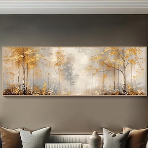Oil Painting on Canvas Original Golden Forest Painting 3D Trees Textured Wall Art Extra Large Canvas Art Living Room Wall Art Gold Foil Art