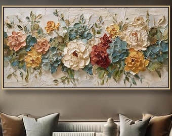 Original Vibrant Flower Oil Painting on Canvas 3D Textured Floral Wall Art Calming Nature Over Bed Wall Decor Large Horizontal Canvas