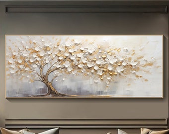 Original Gold White Blooming Painting On Canvas 3D Abstract Textured Wall Art Skyward View Tree Art Living Room Art Natural Scenery Painting