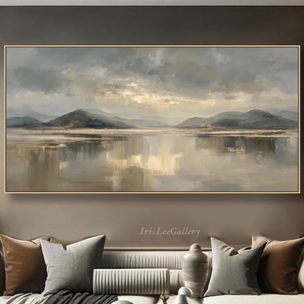 Landscape Oil Painting On Canvas Minimalist Mountain Textured Wall Art Modern Beige Gray Calming Horizon Art Large Horizontal Wall Decor