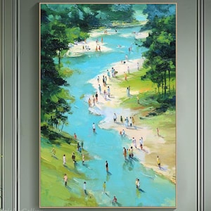 3D Summer River Scene Oil Painting On Canvas Textured Landscape Wall Art Vibrant Nature Impasto Wall Art Large Horizontal Wall Decor