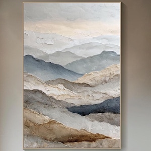 Texturerad bergslandskap oljemålning på duk neutral 3D-väggkonst minimalistisk Wabi Sabi-stil konst beige taupe jordfärgad abstrakt konst