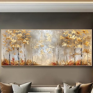 Oil Painting on Canvas Original Golden Forest Painting 3D Trees Textured Wall Art Extra Large Canvas Art Living Room Wall Art Gold Foil Art
