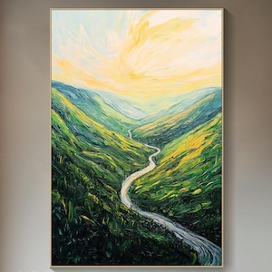 Original Mountain Oil Painting on Canvas 3D Green Textured Wall Art Minimalist Landscape Painting Abstract Large Wall Art River Scenery Art