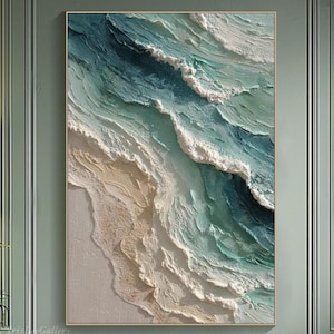 Textured Ocean Wave Oil Painting: 3D Impasto Coastal Art, Green Sea Decor