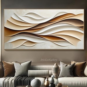 3D Minimalistisches abstraktes Holzdekor Große texturierte Welle Wandkunst Wabi-Sabi Wandkunst Wohnzimmer Wanddekor Beige Weiß Neutrale Töne Wandkunst