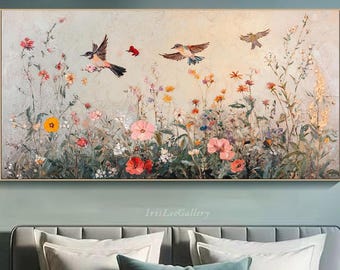 Vintage Botanical Painting Large Floral Wall Art Oversized Canvas Art with Birds and Wildflowers Art extured Landscape for Living Room