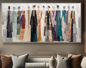 Abstract Women Painting On Canvas Colorful Textured Wall Art Long Horizontal Modern Impasto Contemporary People Art Palette Knife Decor