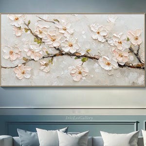 桜のテクスチャーのある壁アート、白とピンクの花の油絵、キャンバスに描かれた春のインパストブルームの壁アート、ソフトパステルの桜の壁装飾