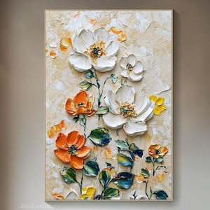Original Flower Painting on Canvas Textured Wall Art Neutral Tone Custom Wall Art Floral Painting Modern Art Fancy Living Room Wall Art