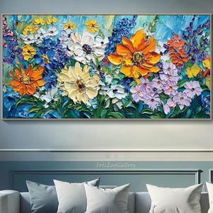 Colorful Flower Oil Painting On Canvas Textured 3D Palette Knife Flower Wall Art Bold Impasto Flower Wall Art Abstract Bright Wall Deocr