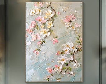 Floral Painting on Canvas 3D Cherry Blossom Textured Wall Art Elegant Bloom Flower Art Pastel Impasto Botanical Decor Living Room Wall Art