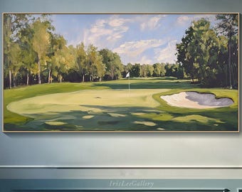 Golf Course Landscape Oil Painting on Canvas Panoramic Green Textured Fairway Wall Art Horizontal Golf Flag Art Golf Lovers Gift Sports Art