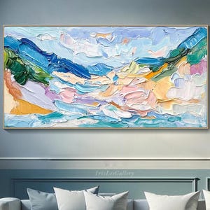 Original Abstract Landscape Oil Painting Large Colorful Impressionist Canvas Wall Art 3D Mountain and Sky Wall Art Modern Coastal Home Decor