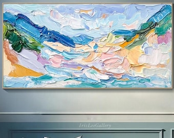 Original Abstract Landscape Oil Painting Large Colorful Impressionist Canvas Wall Art 3D Mountain and Sky Wall Art Modern Coastal Home Decor