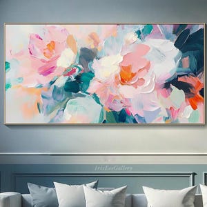Colorful Impasto Floral Oil Painting On Canvas Textured Flower Wall Art Pastel Botanical Wall Art Large Horizontal Palette Knife Bloom Art