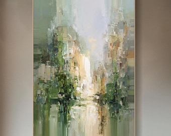 May include: Abstract landscape painting in a gold frame. The artwork features a blend of green, white, and beige brushstrokes, creating a textured, vertical composition. The painting evokes a sense of nature and light.