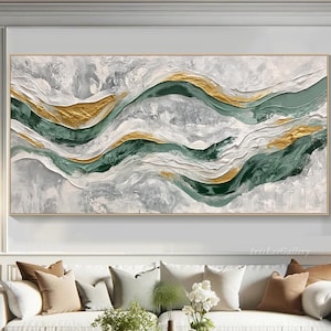3D Grön Minimalistisk Strandmålning Texturerad Väggkonst Havsvågsmålning på Duk Wabi-Sabi Väggkonst Vardagsrumsmålning Modeinredning