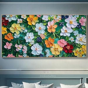 Colorful 3D Floral Oil Painting On Canvas Large Textured Flower Wall Art Palette Knife Garden Painting Vibrant Botanical Living Room Art