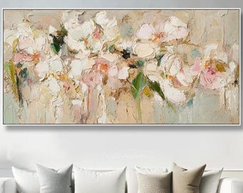 Floral Oil Painting On Canvas Textured Cream White Blossom Wall Art Modern Botanical Palette Knife Art Large Horizontal Livingroom Decor