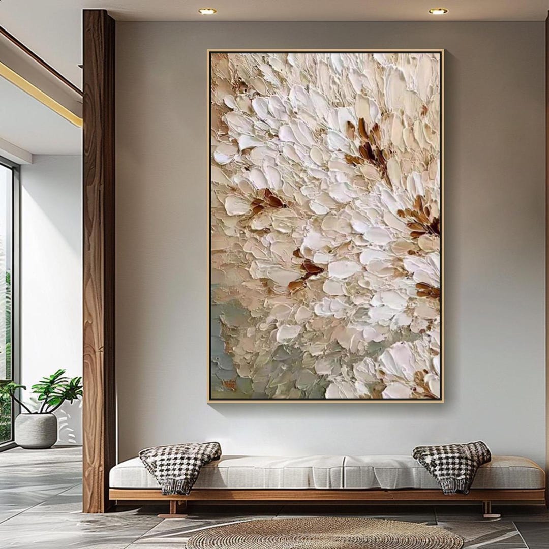 3D Texture Floral Wall Art Cream Painting on Canvas Abstract Sage Green ...