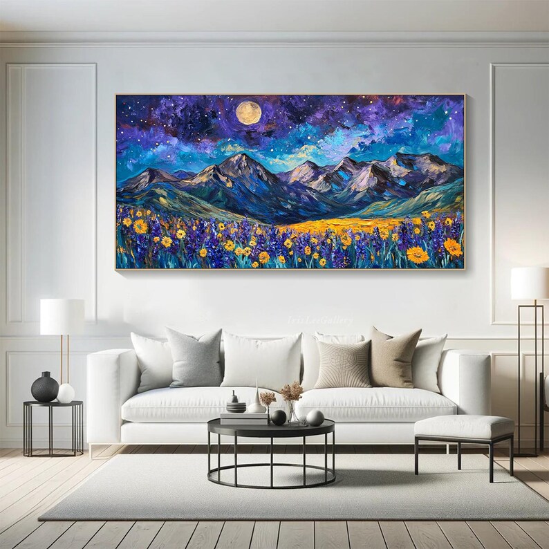 3D Textured Wall Art Original Moonlit Mountain Painting on Canvas Large