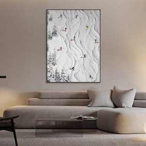 Original Framed 3D Skiing Sport Art Plaster Style Textured Wall Art Personalized Gift For Skiers White Snowboards Paintig Skier Painting image 5