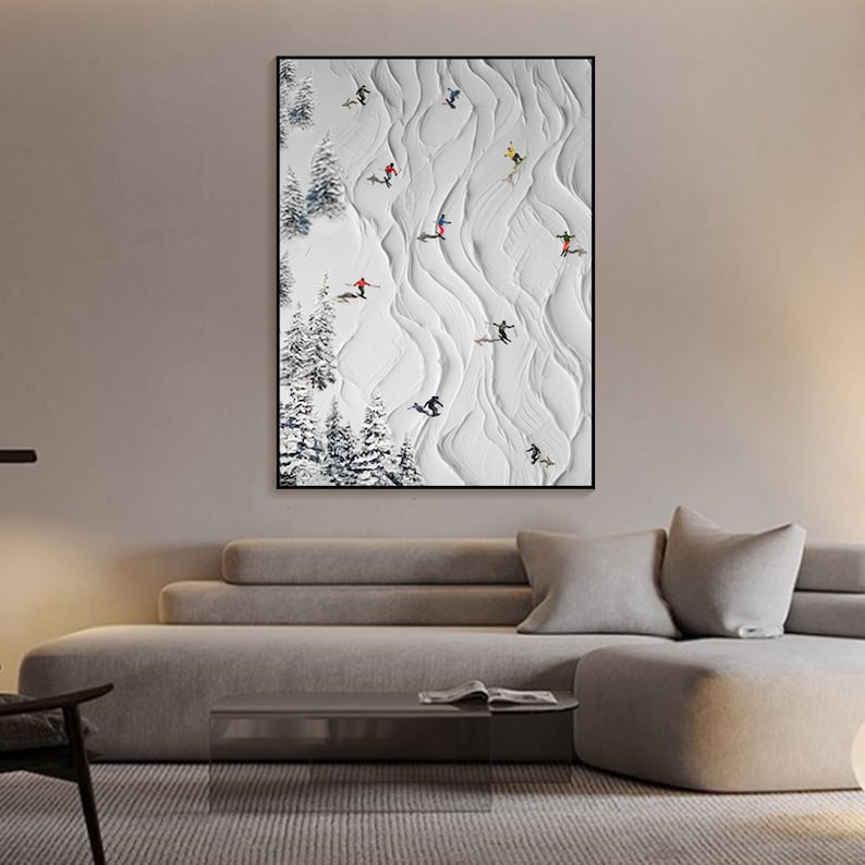 Original Framed 3D Skiing Sport Art Plaster Style Textured Wall Art Personalized Gift For Skiers White Snowboards Paintig Skier Painting image 5