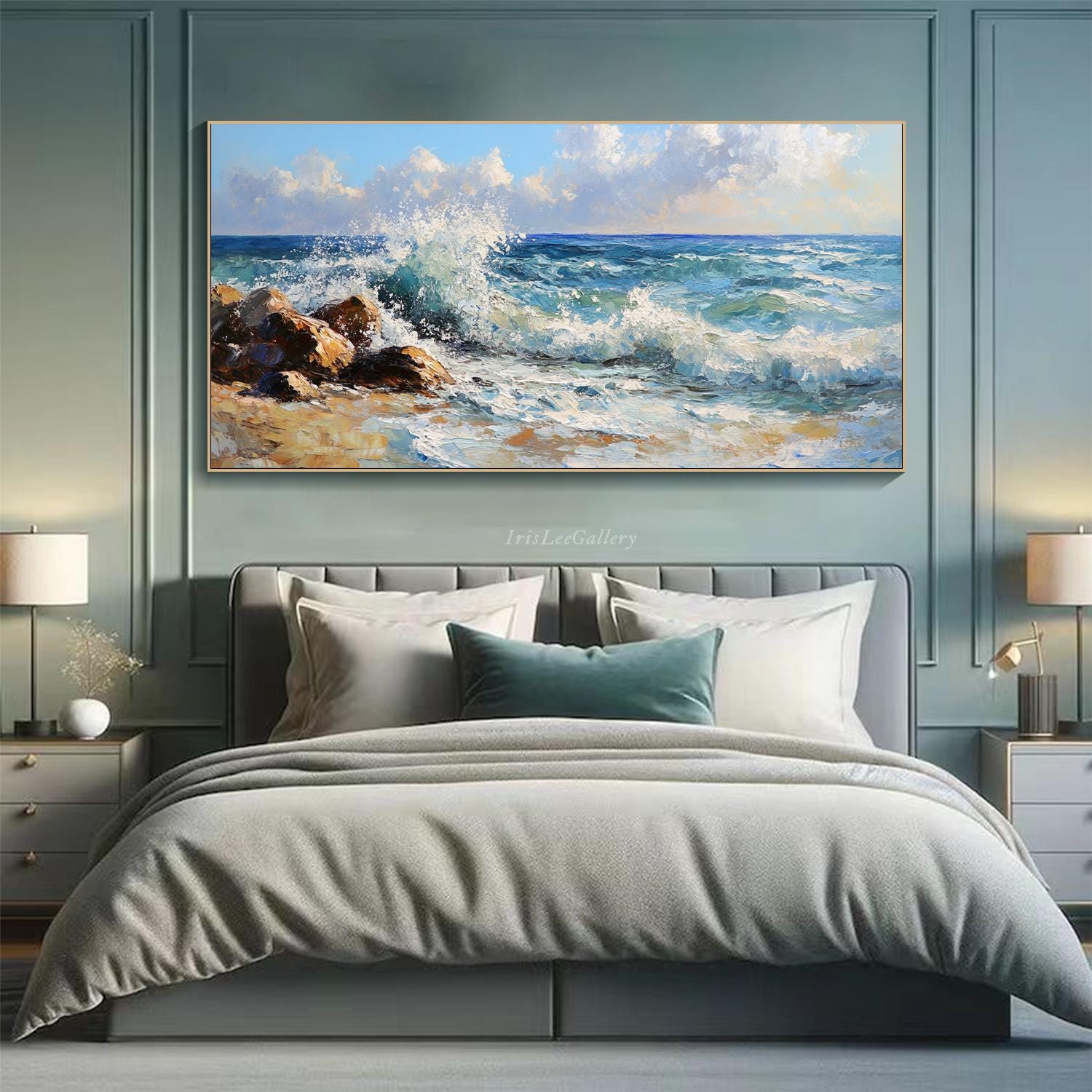 インテリア　アート キャンバスに描かれた大きなオリジナルの海の波の油絵。抽象的な