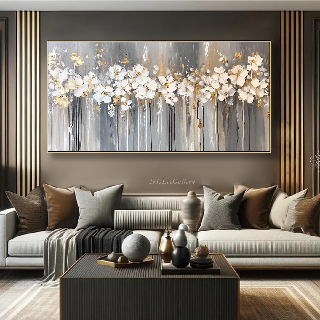 3D Textured Floral Wall Art White and Gold Flower Oil Painting on ...