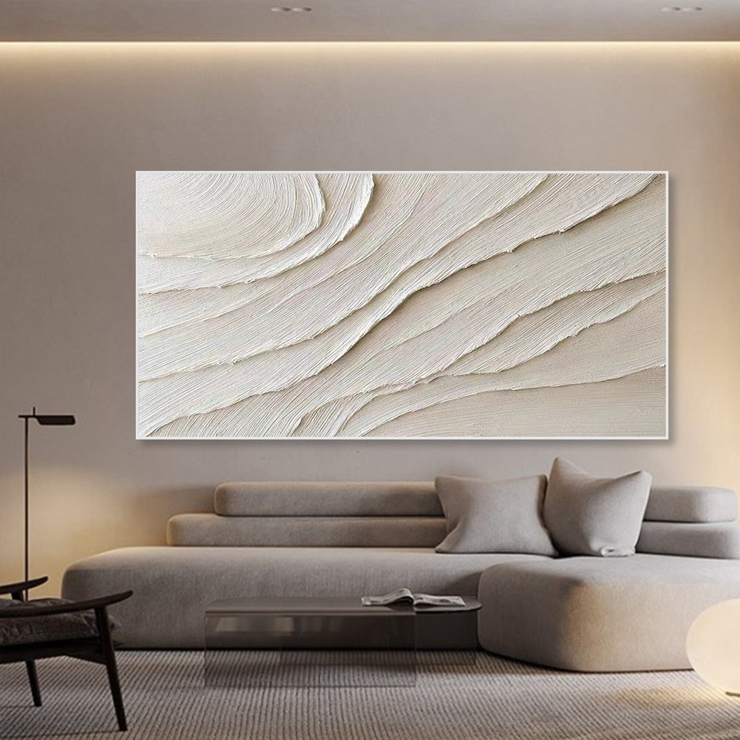 3D Framed Ivory Minimalist Painting on Canvas Neutural Textured Wall