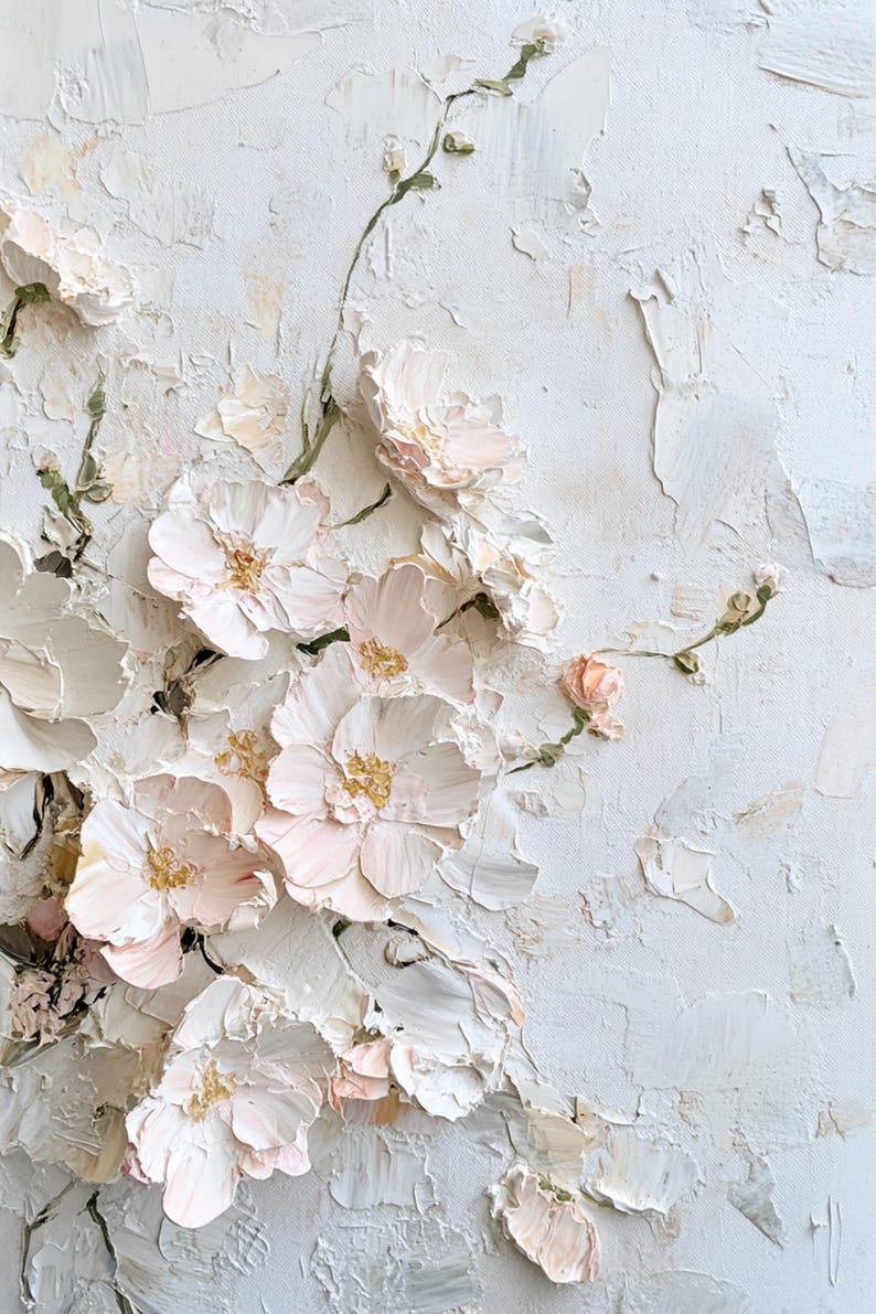 Original 3D Textured Wall Art Flower Painting on Canvas Neutral Tone