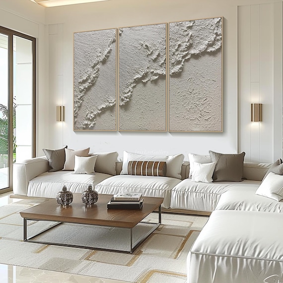 Original White Triptych Oil Painting on Canvas 3D Minimalist