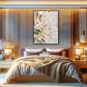 May include: A rectangular wall art piece featuring a thick, textured oil painting of a large white flower with subtle green and beige undertones. The artwork is displayed in a black frame, mounted on a wall with vertical wooden slats and warm lighting.