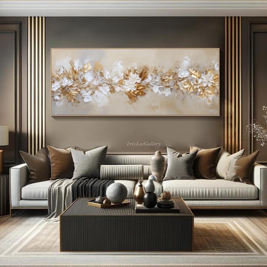 3D Textured Floral Wall Art Gold Relief Flower Painting on Canvas ...