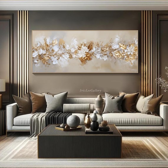 3D Textured Floral Wall Art Gold Relief Flower Painting on Canvas Modern Abstract Botanical Canvas Horizontal Elegant Neutral Bedroom Art