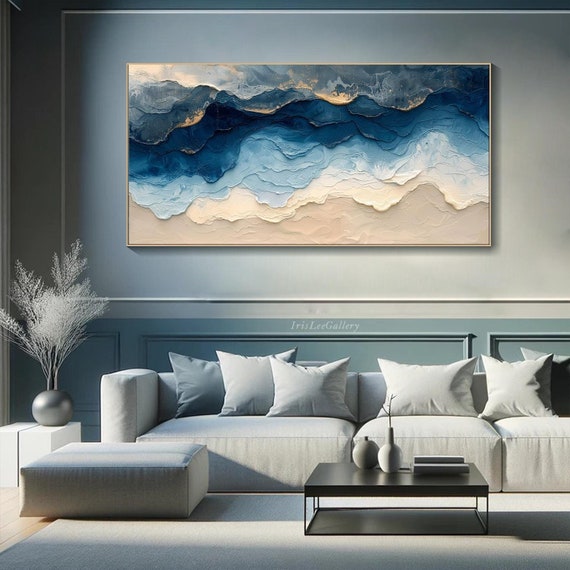 3D Textured Beach Wall Art Original Abstract Wave Painting on Canvas Blue Beige Palette Large Wall Art Unique Coastal  Living Room Wall Art