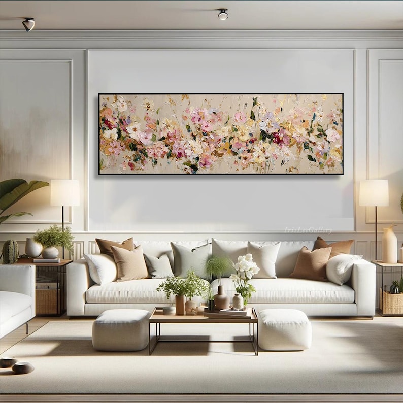 Abstract Floral Oil Painting on Canvas Textured Pink White Wall Art ...