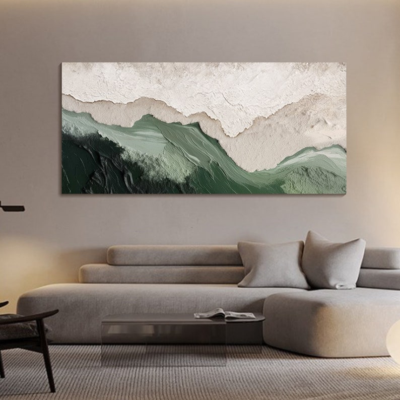 May include: Abstract painting with a green and white color scheme. The painting features a wave-like pattern with white peaks and green valleys.